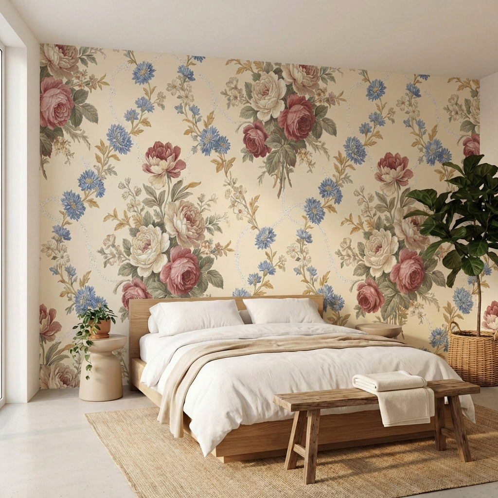 papier peint vintage fleurs bouquets roses pivoines bleuets fond creme champagne-VARIANTE-9