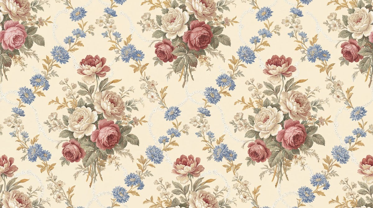 Papier peint panoramique vintage fleurs - Bouquets roses pivoines bleuets fond crème champagne sur mesure - Design
