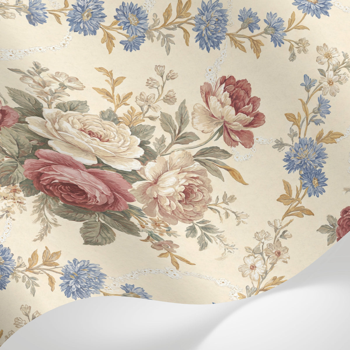 Papier peint panoramique vintage fleurs - Bouquets roses pivoines bleuets fond crème champagne sur mesure - Matière