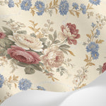Papier peint panoramique vintage fleurs - Bouquets roses pivoines bleuets fond crème champagne sur mesure - Matière