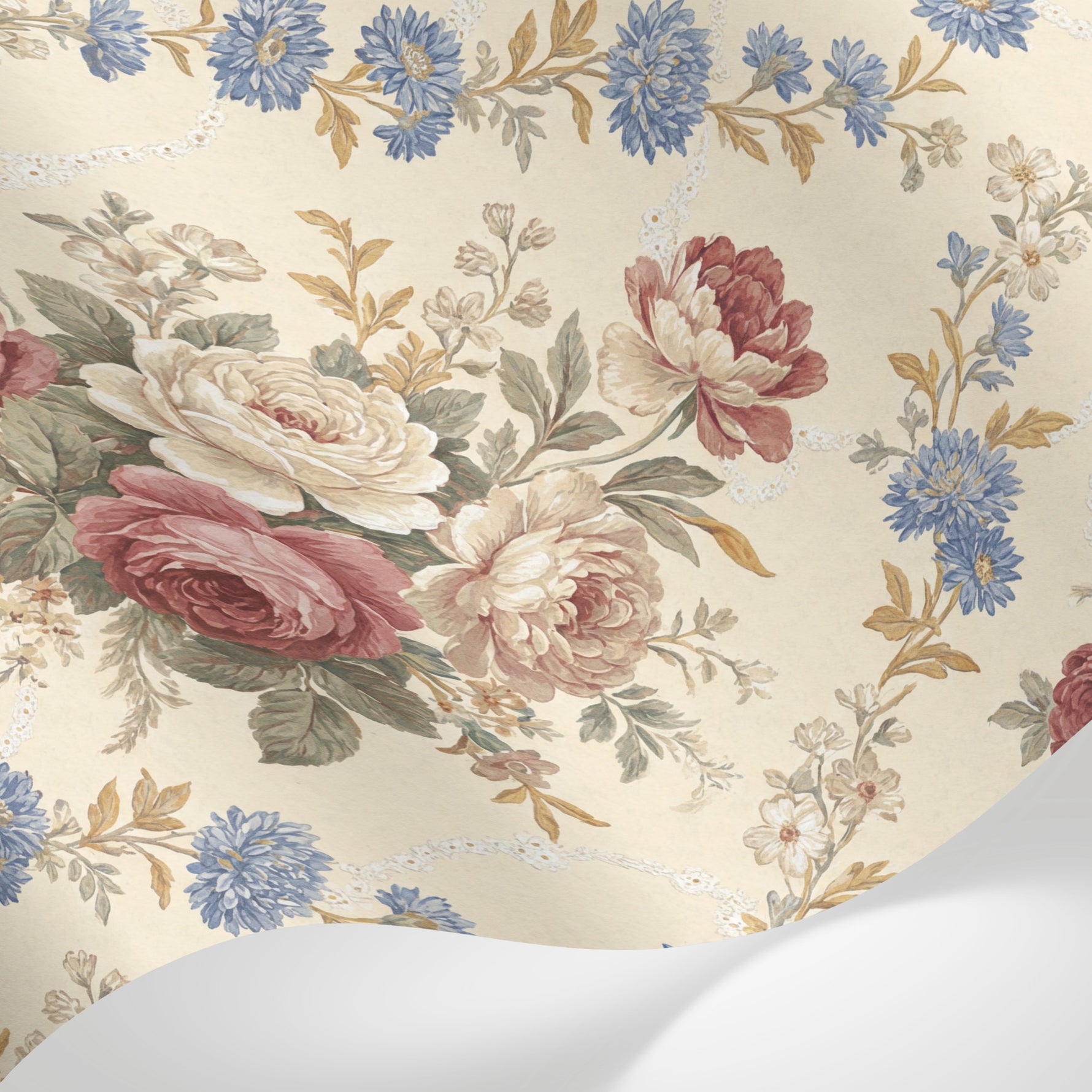 Papier peint panoramique vintage fleurs - Bouquets roses pivoines bleuets fond crème champagne sur mesure - Matière