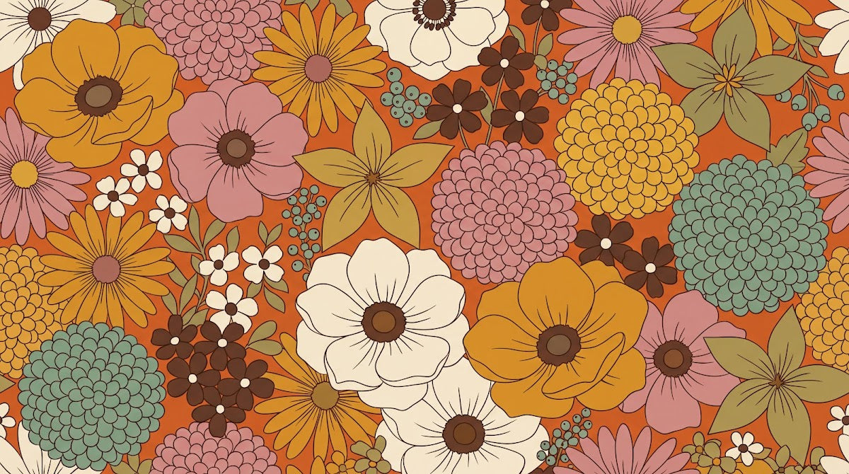 Papier peint panoramique vintage fleurs - Dahlias cosmos pivoines graphiques années 70 fond orange terracotta sur mesure - Design