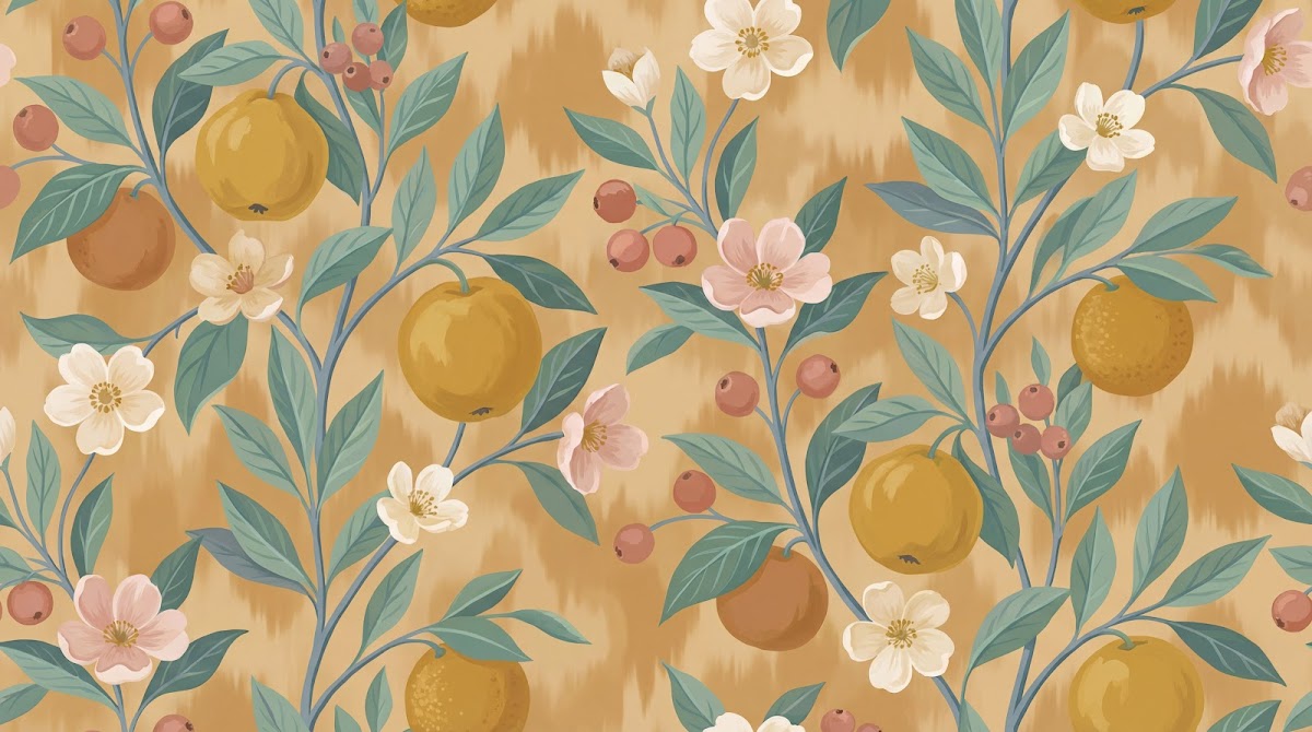 Papier peint panoramique vintage fleurs - Fruits dorés baies roses fleurs blanches feuillage fond beige doré sur mesure - Design
