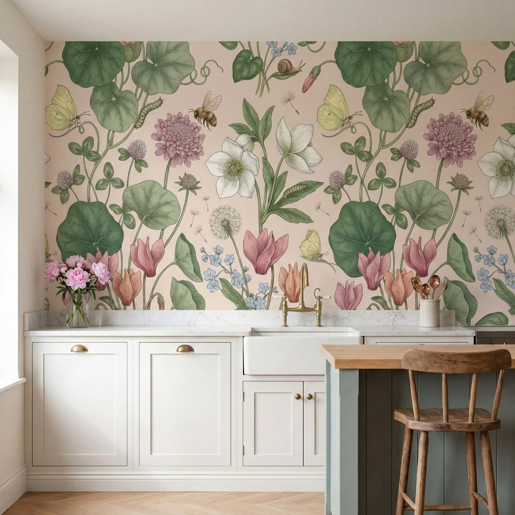 papier peint vintage fleurs paquerettes tulipes papillons escargots motifs repet-1