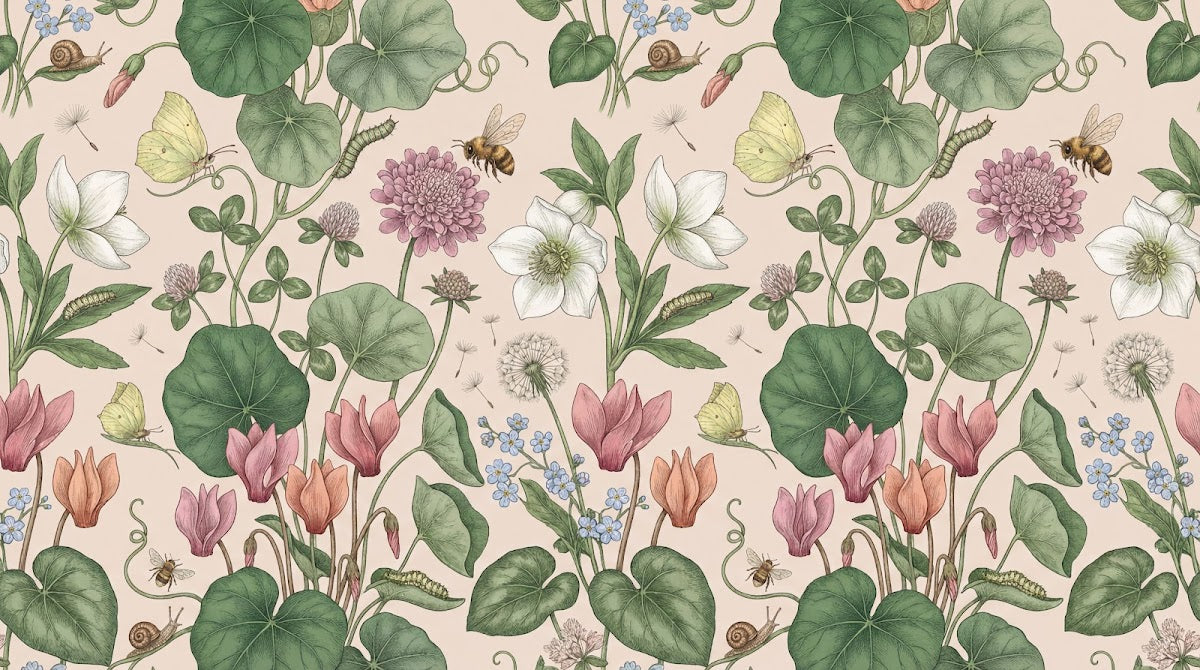 Papier peint panoramique vintage fleurs - Pâquerettes tulipes papillons escargots motifs répétitifs fond beige rosé et vert sur mesure - Design