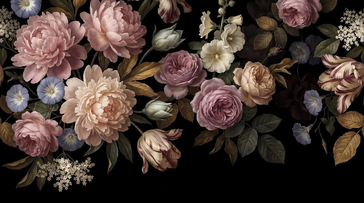 Papier peint panoramique vintage fleurs - Pivoines roses dahlias crème tulipes striées fond noir profond sur mesure - Design