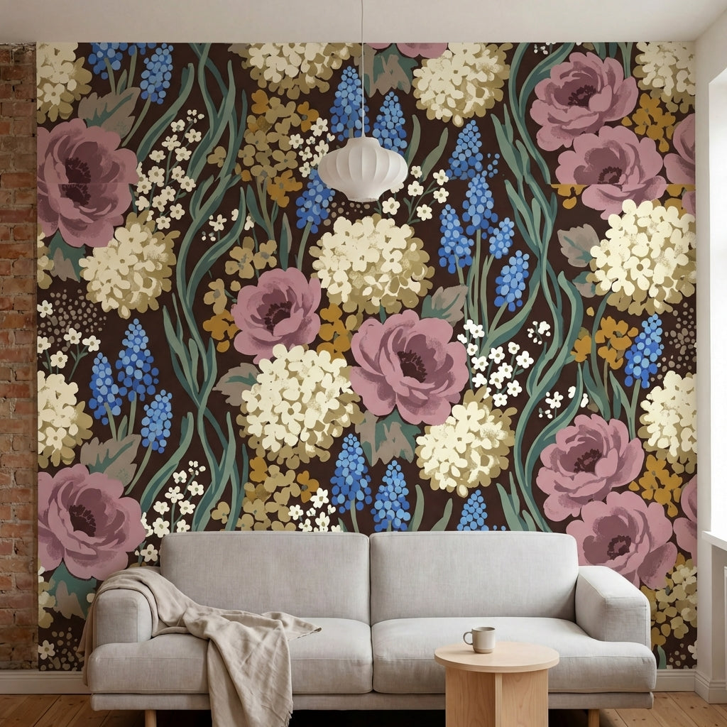 papier peint vintage fleurs pivoines roses hydrangeas bleuets muscaris fond brun-1