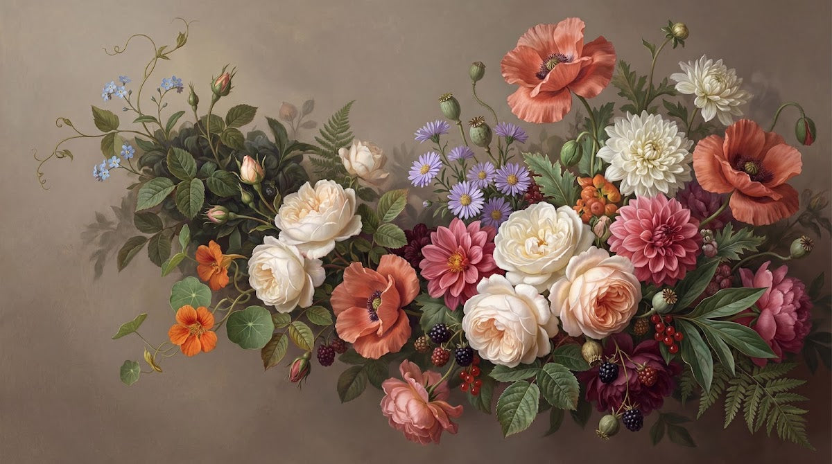 Papier peint panoramique vintage fleurs - Roses blanches pivoines corail dahlias pourpres nasturtium orangé fond beige crème sur mesure - Design