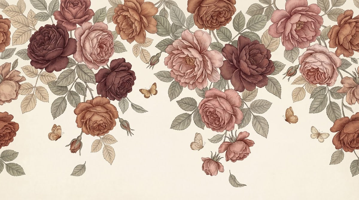Papier peint panoramique vintage fleurs - Roses pivoines papillons motifs répétitifs fond beige rosé et bordeaux sur mesure - Design