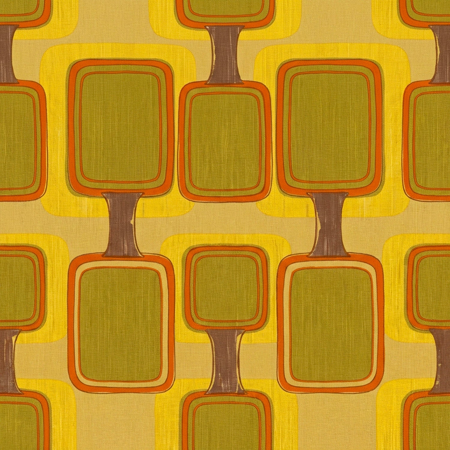 Papier peint motif vintage - Formes rectangulaires interconnectées jaune moutarde et orange - Design