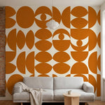 papier peint visage abstrait yeux stylises formes arrondies superposees tons ora-1