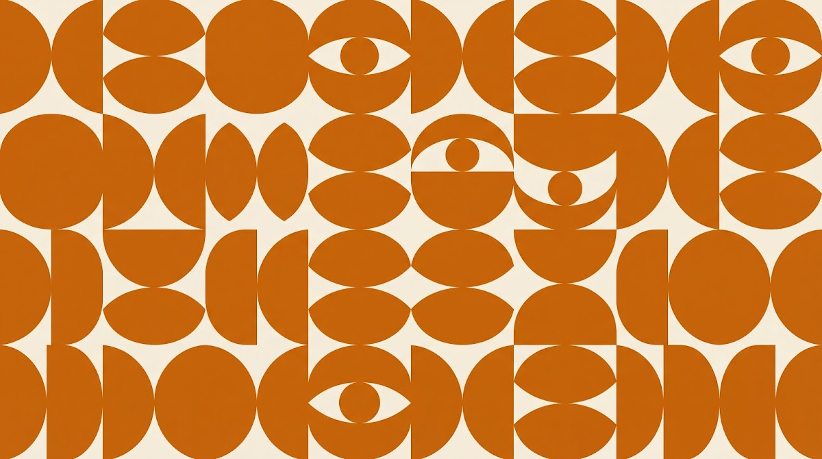 Papier peint panoramique abstrait - Yeux stylisés formes arrondies superposées tons orange terracotta fond beige sur mesure - Design